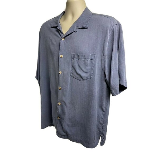 Montego Blue Silk Embroidered Button Up Camp Shirt Large Pocket Island Paradise - Picture 2 of 10
